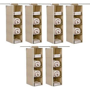 kuber industries shoe stoarge rack  4 shelf closet hanging organizer  foldable wardrobe storage for cloth toys  dress shelf for clothes with velcro  plain  light brown