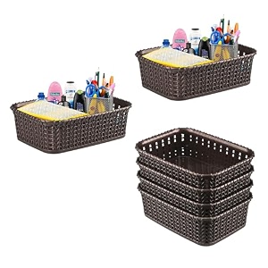 kuber industries pack of 6 small multi-purpose plastic basket for storage m15  spacious stationary amp jewellery holder  home organizers for kitchen bedroom amp dining table  brown