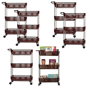 kuber industries plastic pack of 6 storage rack with wheels  3-layer storage organizer rack  storage rack for home amp office  kitchen spice rack  revolving vegetable rack  brown