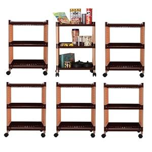 kuber industries pack of 6 storage rack with wheels  3-layer storage organizer rack  multipurpose storage rack for home amp office  kitchen cabinet spice rack  vegetable storage trolley  brown
