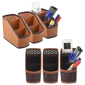kuber industries pack of 6 stylish plastic 3-compartment pen holder for office table  durable pen stand for study table - versatile stationery organizer for home school amp office use  brown