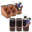 Kuber Industries Pack of 6 Stylish Plastic 3-Compartment Pen Holder for Office Table | Durable Pen Stand for Study Table - Versatile Stationery Organizer for Home, School &amp; Office Use | Brown