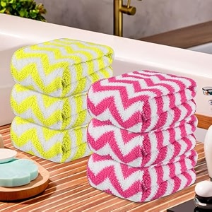 kuber industries pack of 6 super absorbent amp reusable microfibre face towels for women  15x15 in  kids soft amp easy to wash small towels for face and hand  zig zag yellow amp pink