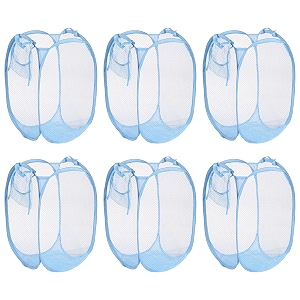 kuber industries pack of 6 unwashed clothes storage basket  foldable laundry basket for clothes  mesh laundry bag  collapsible amp portable  30 ltr  blue