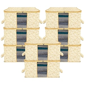 kuber industries pack of 3 - clothes storage bags  large - under-bed storage bag  foldable blanket storage box for comforter saree  zipper amp handle cloth organizer  leaf-design - cream
