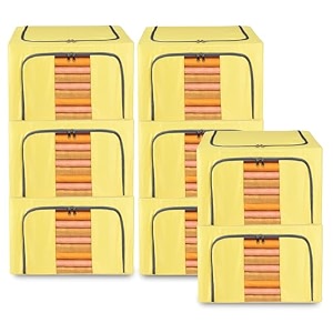 kuber industries pack of 8 clothes storage box  24 liter waterproof storage box for saree-shirts amp blankets  underbed storage bag  foldable parachute steel frame wardrobe organizer  yellow