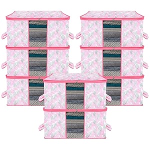 kuber industries pack of 3 - clothes storage bags  large - under-bed storage bag  foldable blanket storage box for comforter saree  zipper amp handle cloth organizer  floral-design - pink
