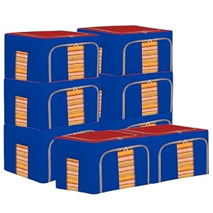 kuber industries pack of 8 clothes storage box  44 liter foldable steel frame clothes organizer  storage box for wardrobe-saree-shirts and blankets  underbed storage bag  red amp blue