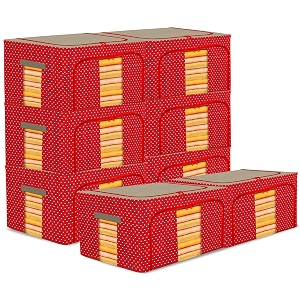 kuber industries pack of 8 clothes storage box  44 liter foldable steel frame clothes organizer  storage bag  storage box for wardrobe-saree-shirts and blankets  dot print  red amp brown