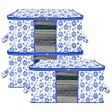 Kuber Industries Pack of 3 - Clothes Storage Bags | Large - Under-Bed Storage Bag | Foldable Blanket Storage Box For Comforter, Saree | Zipper &amp; Handle Cloth Organizer | Flower Design - Blue