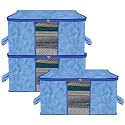 Kuber Industries Pack of 3 - Clothes Storage Bags | Large - Under-Bed Storage Bag | Foldable Blanket Storage Box For Comforter, Saree | Zipper &amp; Handle Cloth Organizer | Lahariya-Design - Blue