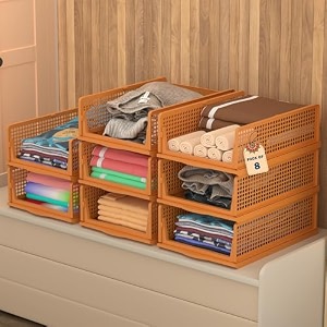 kuber industries 2 pcs plastic stackable cloth organizer for storage  foldable clothes rack for wardrobe  almirah amp cupboard organizer for shirts t-shirts dresses jeans amp pants  brown