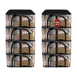 kuber industries pack of 8 pvc transparent 33l cloth organizer for wardrobe  storage bag for clothes large  dress organiser boxes for saree dresses bedsheet  storage box for clothes  black
