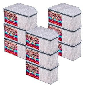 kuber industries pack of 9 blouse cover  jute-printed  clothes storage bag  wardrobe organiser with zipper  side transparent blouse organizer  blouse protector bag  grey