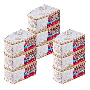 kuber industries non woven pack of 9 blouse cover  gola-printed  clothes storage bag  wardrobe organiser with zipper  side transparent blouse organizer  blouse protector bag  white 20 cm