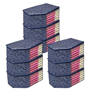 kuber industries pack of 3 blouse cover  flower-printed  clothes storage bag  wardrobe organiser with zipper  side transparent blouse organizer  blouse protector bag  navy blue