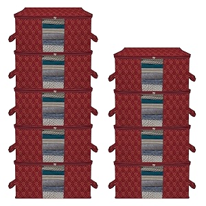 kuber industries pack of 9 non woven underbed storage organizer  storage bags for clothes blanket  clothes storage bag for with handle amp visible window  golden printed - maroon