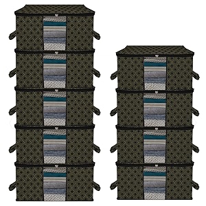 kuber industries pack of 9 non woven underbed storage organizer  storage bags for clothes blanket  clothes storage bag for with handle amp visible window  golden dot - black