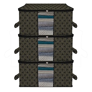 kuber industries pack of 3 non woven underbed storage organizer  storage bags for clothes blanket  clothes storage bag for with handle amp visible window  golden dot - black