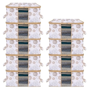 kuber industries pack of 9 non woven underbed storage organizer  storage bags for clothes blanket  clothes storage bag for with handle amp visible window  gola print - white