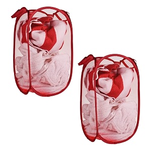 kuber industries pack of 2 unwashed clothes storage basket  foldable laundry basket for clothes  mesh laundry bag  collapsible amp portable  30 ltr  red