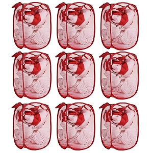 kuber industries pack of 9 unwashed clothes storage basket  foldable laundry basket for clothes  mesh laundry bag  collapsible amp portable  30 ltr  red
