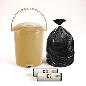 kuber industries pedal dustbin amp garbage bag combo for kitchen home office  10 l dustbin with disposable bags 19x21 in black - 2 roll beige
