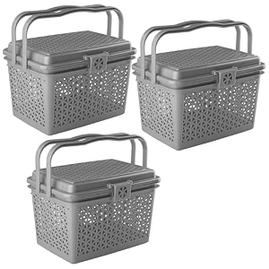kuber industries pack of 3 picnic basket with lid and handle  food basket for travelling  plastic storage basket  shopping basket  small  grey