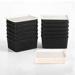 kuber industries 12 pcs plastic small solitaire storage basket with lid amp handle  multipurpose storage rectangular box for kitchen amp bathroom  black amp ivory