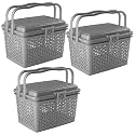 Kuber Industries Pack of 3 Picnic Basket with Lid and Handle | Food Basket for Travelling | Plastic Storage Basket | Shopping Basket | Small | Grey