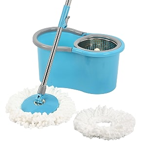 kuber industries plastic spin mop with stainless steel wringer  big bucket moppers for cleaning floor 2 refills  360 floor cleaner mopping set for home amp office  pocha stick - blue