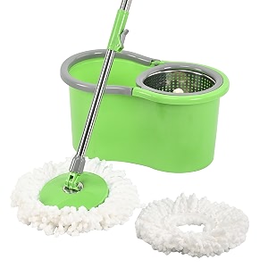 kuber industries plastic spin mop with stainless steel wringer  big bucket moppers for cleaning floor 2 refills  360 floor cleaner mopping set for home amp office  pocha stick - green