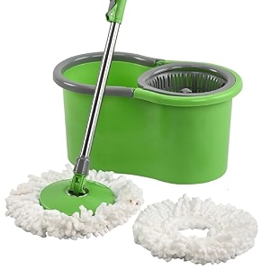 kuber industries plastic spin mop with stainless steel wringer  big bucket moppers for cleaning floor 2 refills  360 floor cleaner mopping set for home amp office  pocha stick - green