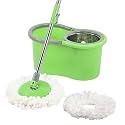 Kuber Industries Plastic Spin Mop with Stainless Steel Wringer | Big Bucket Moppers for Cleaning Floor, 2 Refills | 360° Floor Cleaner Mopping Set for Home &amp; Office | Pocha Stick - (Green)