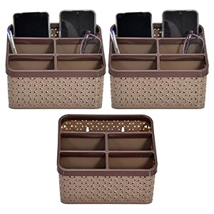 kuber industries plastic 4 pieces multi-purpose compact desk storage organizer stationary box for case pen pencil holder plastic cosmetics make up organizer containerbrown amp beige-kubmart3239