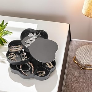 kuber industries plastic heart shaped 4 layer rotating jewellery organisers with lid  counter top desktop storage multi-layer jewellery box case tray  black