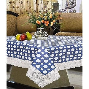 kuber industries polyvinyl chloride polka dots print rectangular table cloth 4 seaterwaterproof center table covertable protector for indoor amp outdoor 60x40 blue