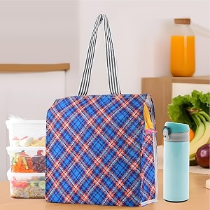 kuber industries polyester office lunch bag for men amp women  multi-purpose travel tiffin carry bag  perfect for picnic college school use  shopping amp grocery bag  pixel check - blue