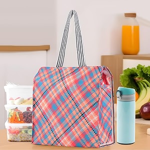 kuber industries polyester office lunch bag for men amp women  multi-purpose travel tiffin carry bag  perfect for picnic college school use  shopping amp grocery bag  pixel check - orange
