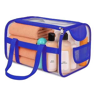 kuber industries pvc waterproof transparent small travel toiletry bag for manwoman with handle  cosmeticmakeup organizer pouch for skincare amp shaving kit  blue