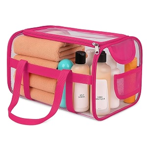 kuber industries pvc waterproof transparent large travel toiletry bag for manwoman with handle  cosmeticmakeup organizer pouch for skincare amp shaving kit  pink