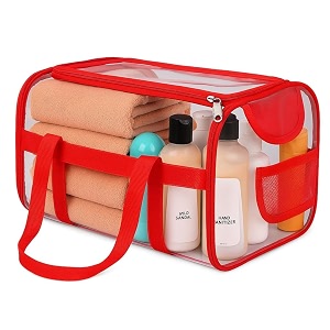 kuber industries pvc waterproof transparent large travel toiletry bag for manwoman with handle  cosmeticmakeup organizer pouch for skincare amp shaving kit  red