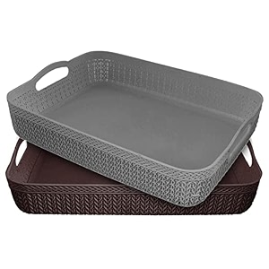 kuber industries q-4 designer plastic storage basket for store fruits vegetables magazines cosmetics stationary pack of 2 grey amp brown-50km01590