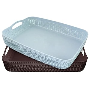 kuber industries q-4 designer plastic storage basket for store fruits vegetables magazines cosmetics stationary pack of 2 blue amp brown-50km01594