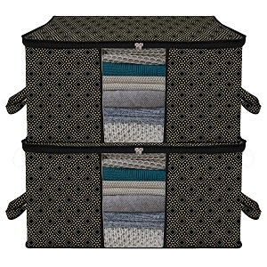 kuber industries underbed storage bag  clothes storage organizer  clear window blanket cover  cloth organizer with handle  golden dot-design  large  pack of 2  black