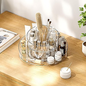 kuber industries rotating makeup organiser 360 rotation  multipurpose cosmetic desk storage for vanity counter dresser  bedroom dresser countertop  ym6612t  transparent