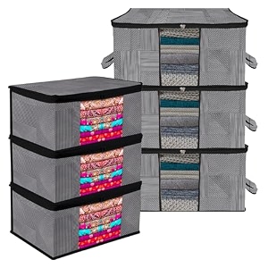 kuber industries saree cover amp underbed stoarge bag set  2 pieces saree amp 2 pieces underbed storage bag combo set  zipper closure amp handle  wooden-texture-design  set of 4  brown