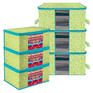 kuber industries saree cover amp underbed stoarge bag set  3 pieces saree amp 3 pieces underbed storage bag combo set  zipper closure amp handle  leaf-design  set of 6  green