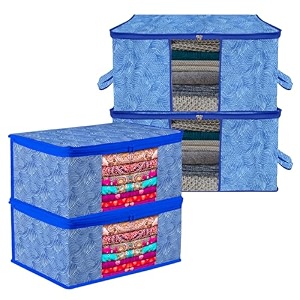 kuber industries saree cover amp underbed stoarge bag set  2 pieces saree amp 2 pieces underbed storage bag combo set  zipper closure amp handle  check-design  set of 4  black