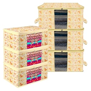 kuber industries saree cover amp underbed stoarge bag set  3 pieces saree amp 3 pieces underbed storage bag combo set  zipper closure amp handle  red flower-design  set of 6  ivory